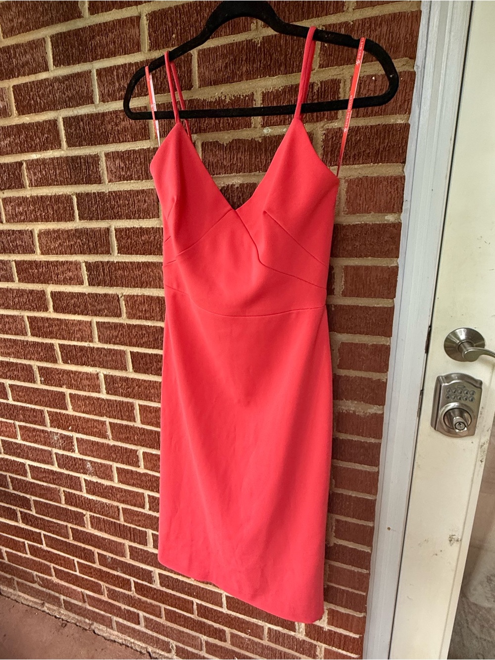 ML Monique Lhuillier Coral-Red Spaghetti-Strap Midi Dress